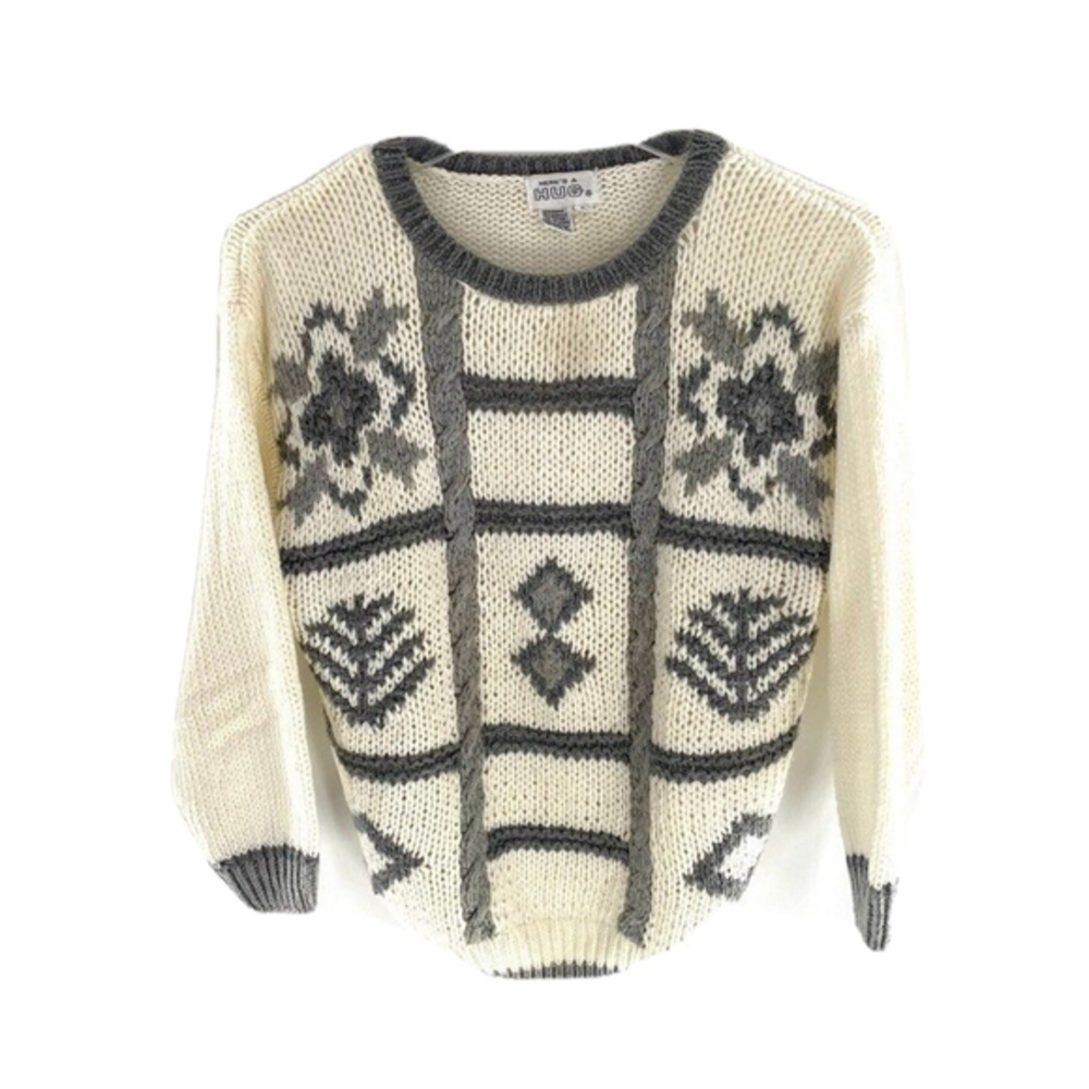 Vintage Womens Chunky Knit Sweater Cottagecore Hand Embroidered White Gray Sz‎ L